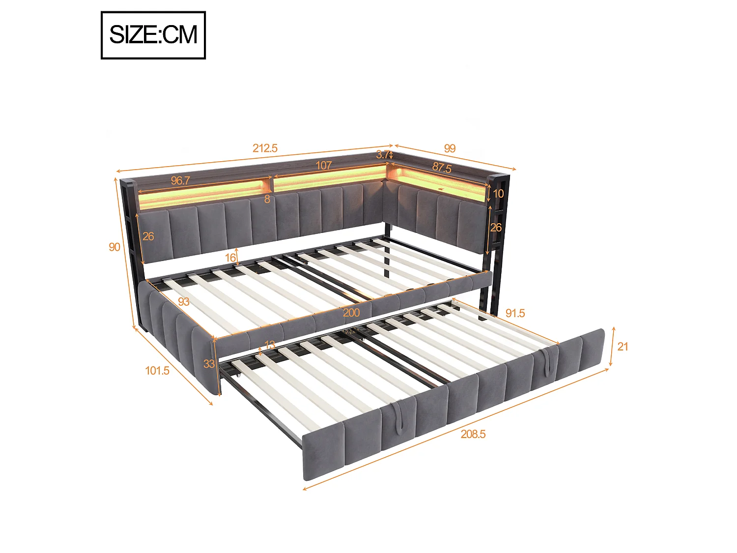 Canapé-lit 90 x 200 cm – Avec lit gigogne – Avec éclairage LED – Avec ports USB et Type-C – Gris foncé (matelas non inclus)
