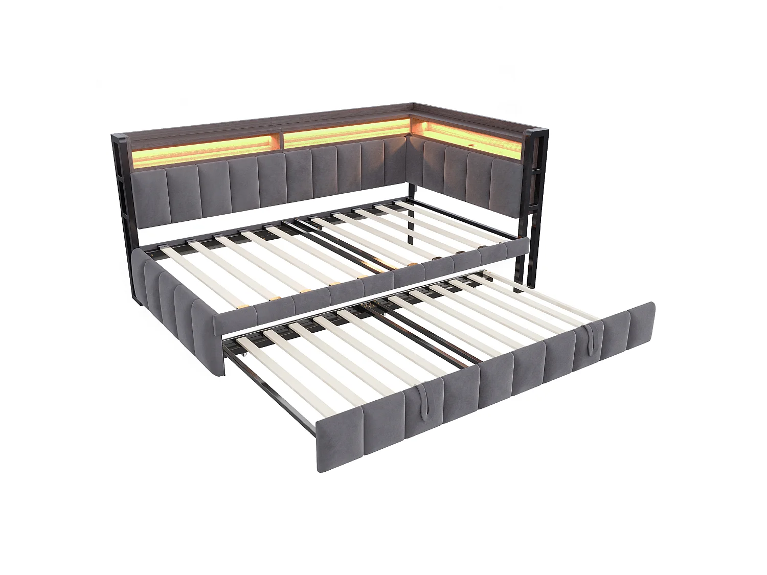 Canapé-lit 90 x 200 cm – Avec lit gigogne – Avec éclairage LED – Avec ports USB et Type-C – Gris foncé (matelas non inclus)