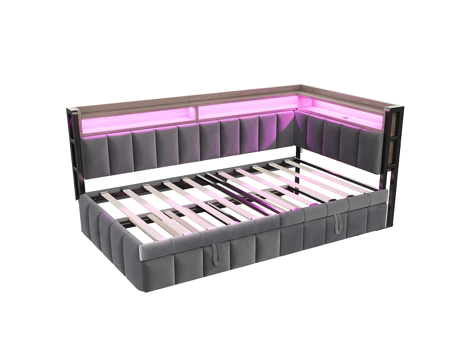 Canapé-lit 90 x 200 cm – Avec lit gigogne – Avec éclairage LED – Avec ports USB et Type-C – Gris foncé (matelas non inclus)