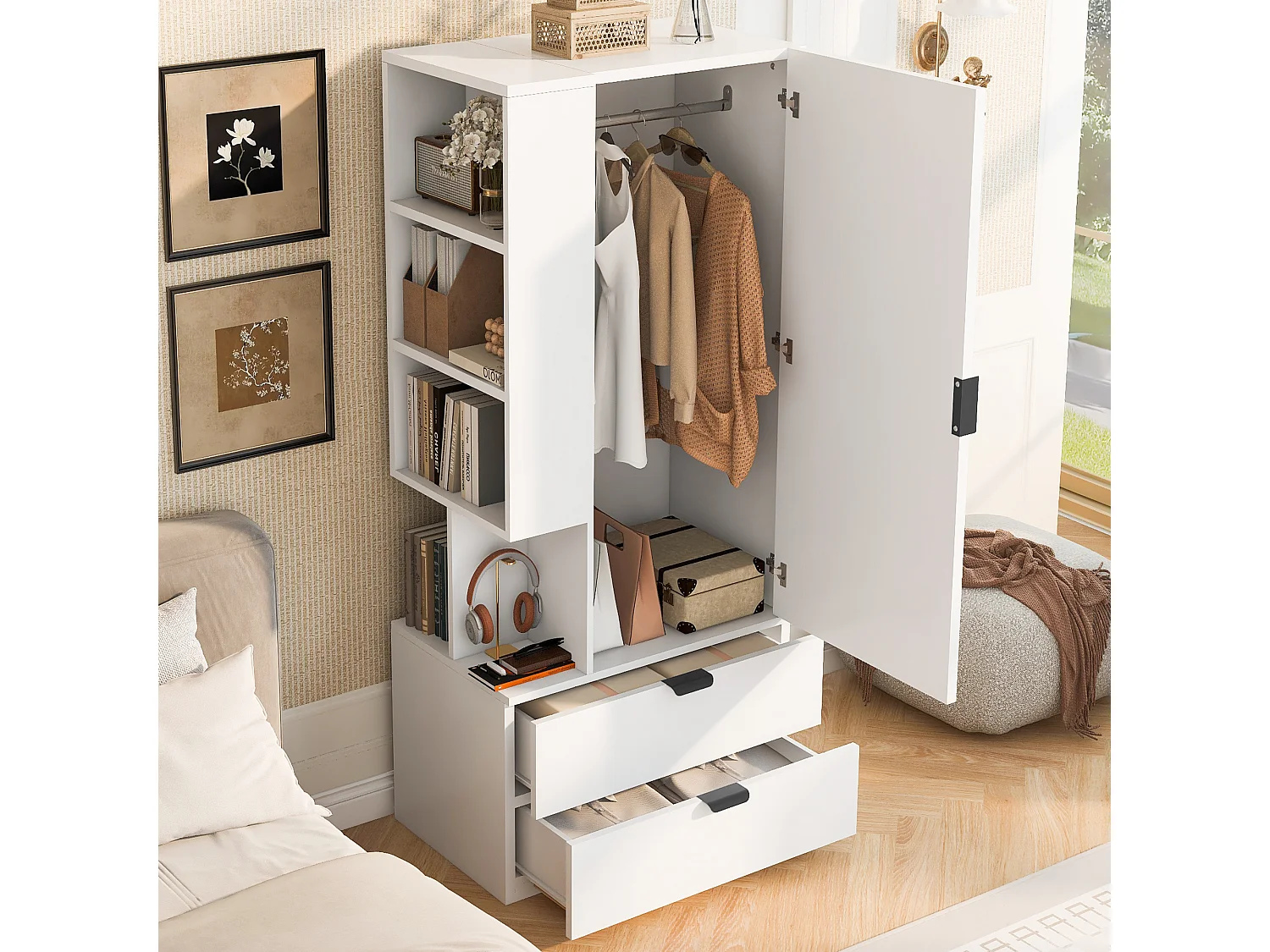 Armoire une porte 70 × 50 × 170 cm – avec 2 tiroirs – avec étagères réglables en hauteur – blanc