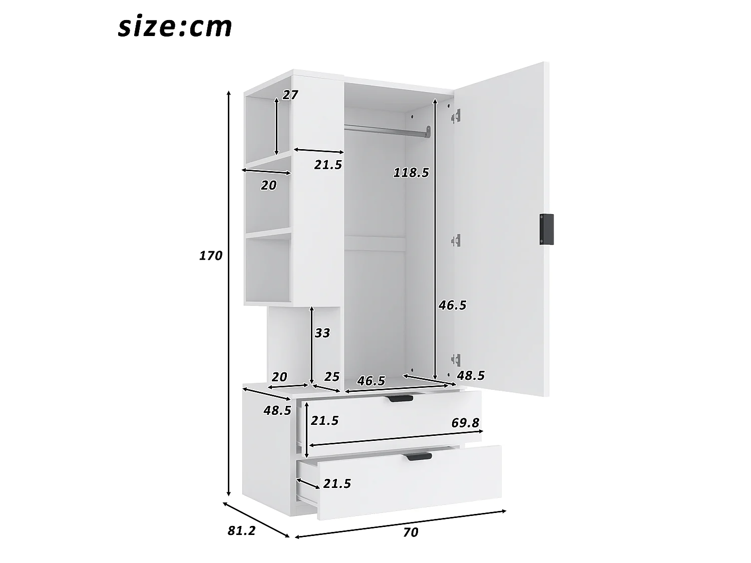Armoire une porte 70 × 50 × 170 cm – avec 2 tiroirs – avec étagères réglables en hauteur – blanc