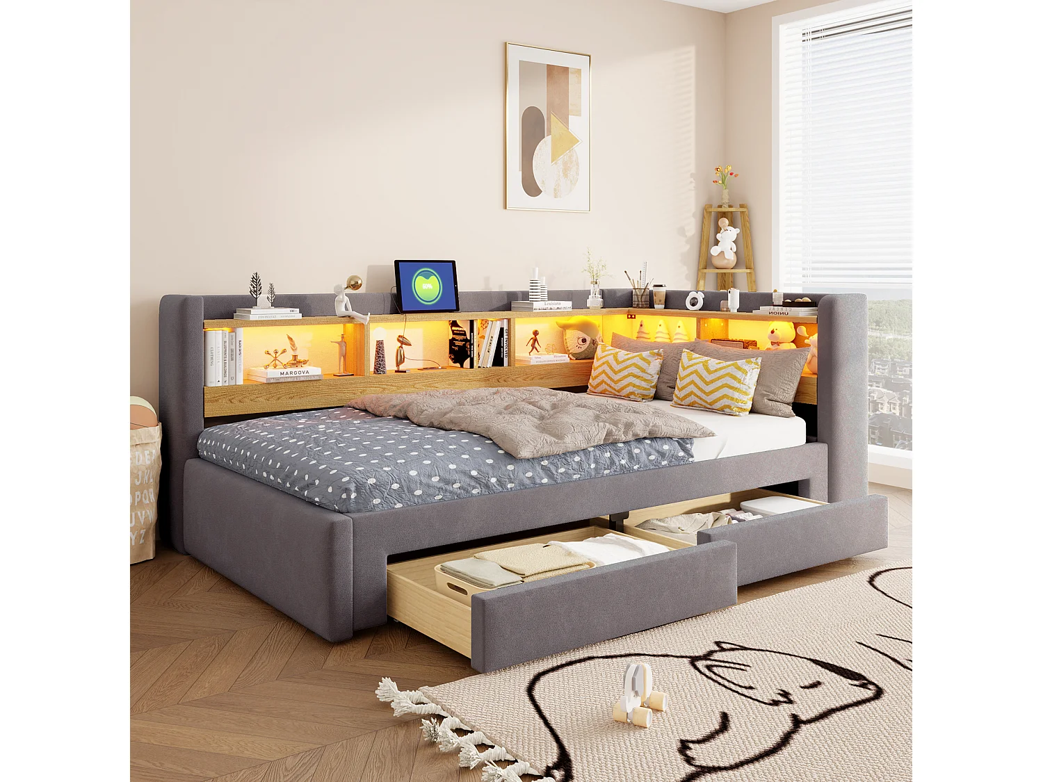 Sofá-cama 90x200 cm – com cama auxiliar – 2 gavetas – com iluminação LED – com tomada elétrica – Cinza escuro (colchão não incluído)