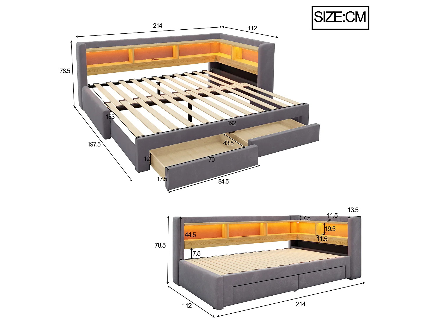 Sofá-cama 90x200 cm – com cama auxiliar – 2 gavetas – com iluminação LED – com tomada elétrica – Cinza escuro (colchão não incluído)