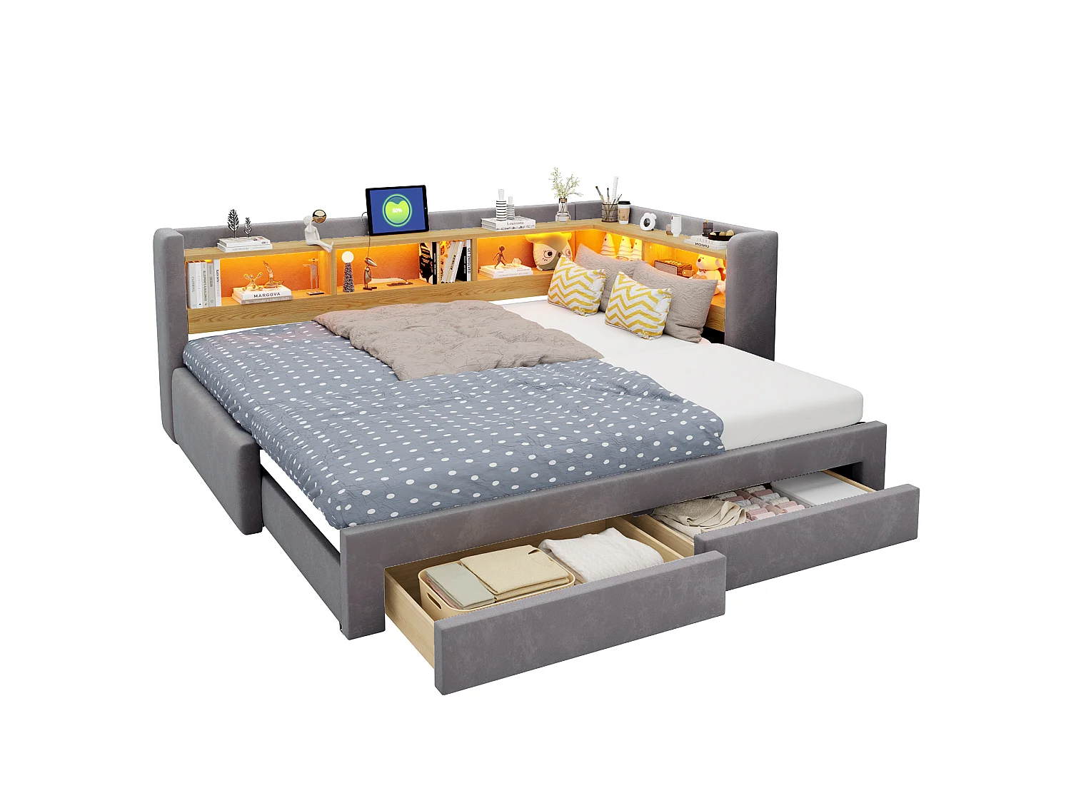 Sofá-cama 90x200 cm – com cama auxiliar – 2 gavetas – com iluminação LED – com tomada elétrica – Cinza escuro (colchão não incluído)