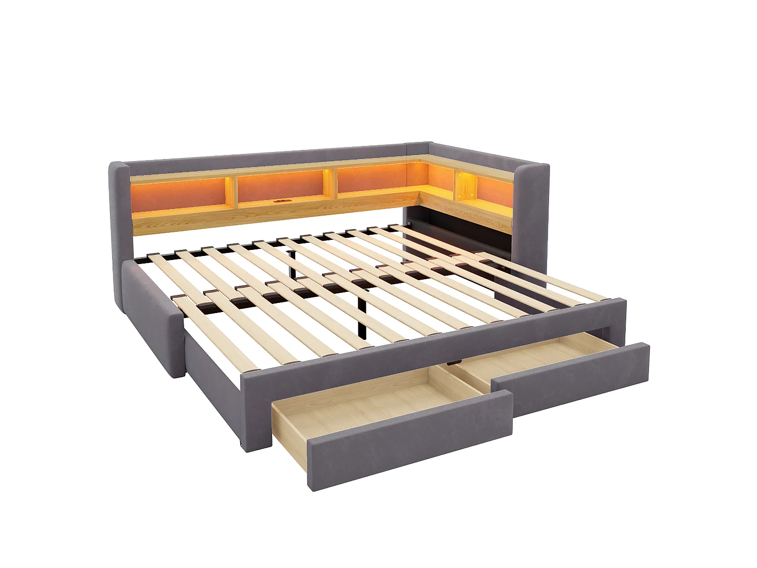 Sofá-cama 90x200 cm – com cama auxiliar – 2 gavetas – com iluminação LED – com tomada elétrica – Cinza escuro (colchão não incluído)