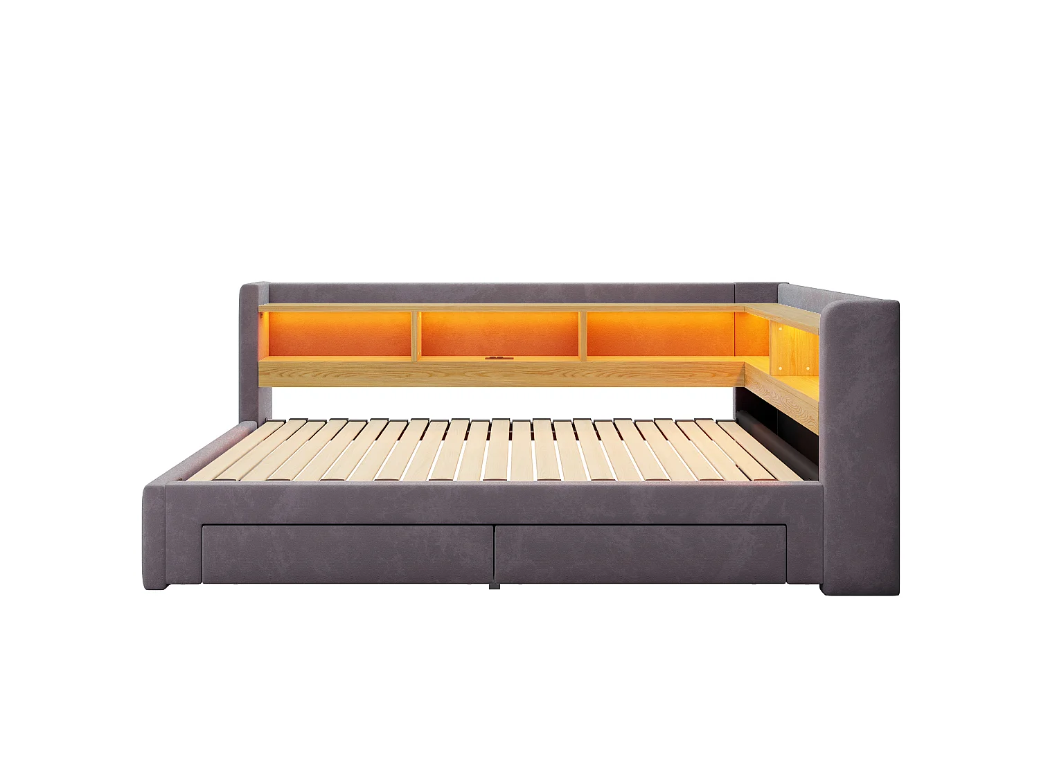 Sofá-cama 90x200 cm – com cama auxiliar – 2 gavetas – com iluminação LED – com tomada elétrica – Cinza escuro (colchão não incluído)