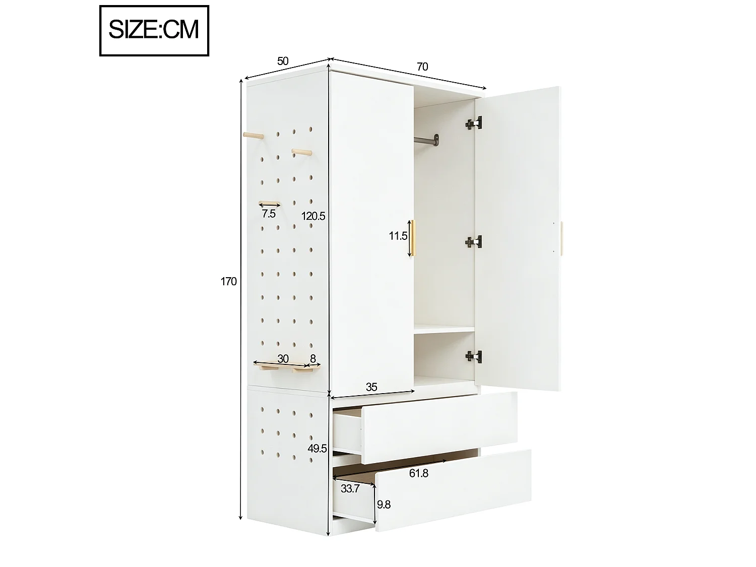 Wardrobe 70 x 50 x 170 cm - with 2 drawers - with 2 doors - white