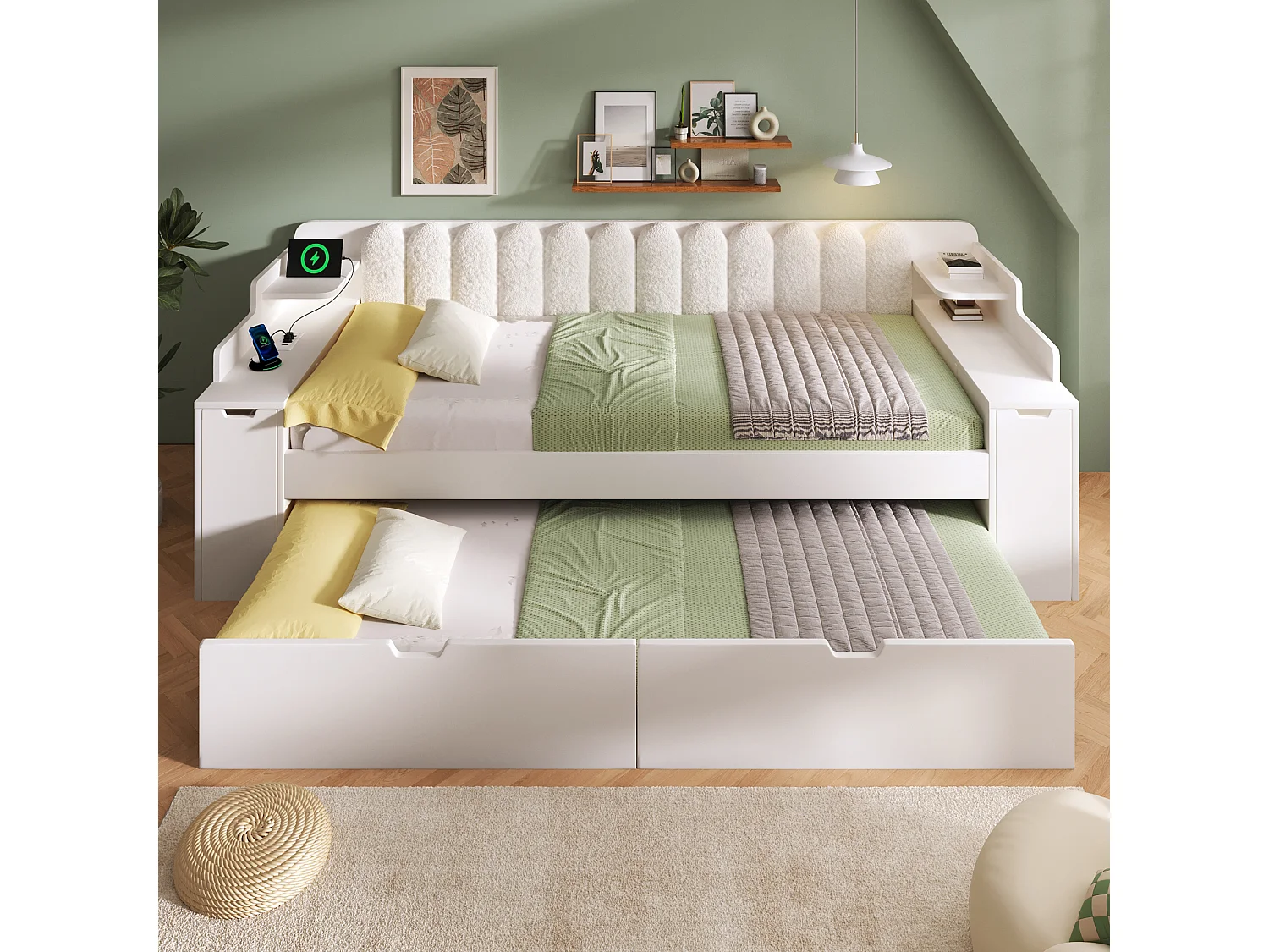 Canapé-lit 90x200cm - avec lit gigogne - avec USB/Type-C - compartiment de rangement - dossier polaire sherpa - blanc (matelas non inclus)