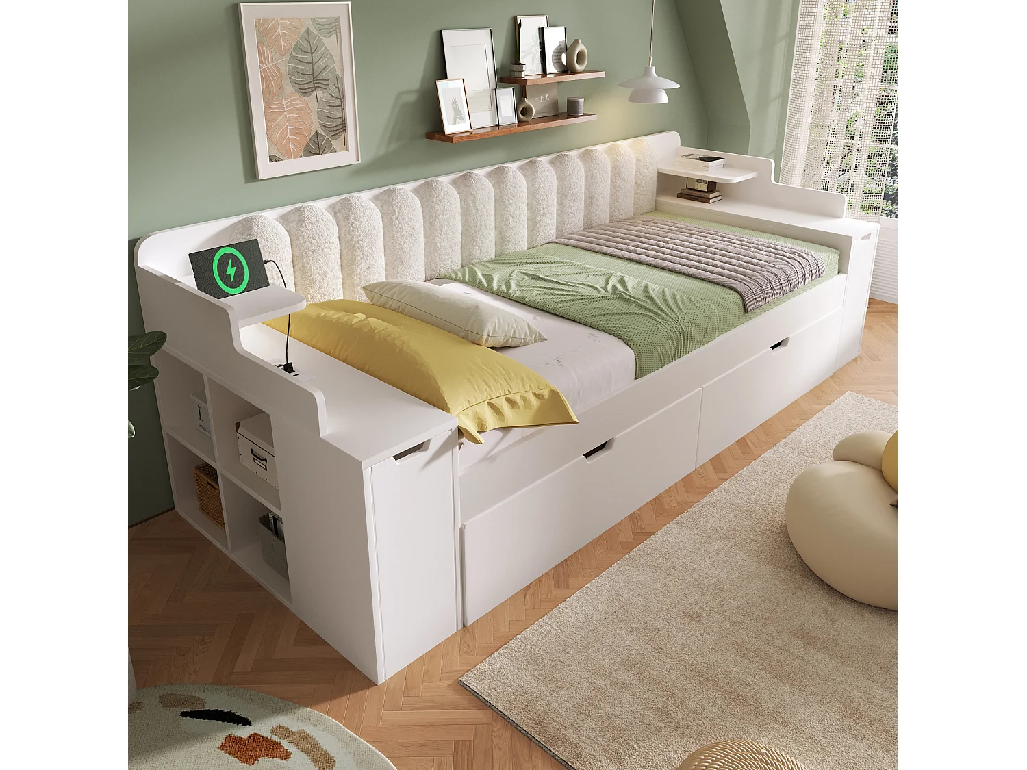 Canapé-lit 90x200cm - avec lit gigogne - avec USB/Type-C - compartiment de rangement - dossier polaire sherpa - blanc (matelas non inclus)