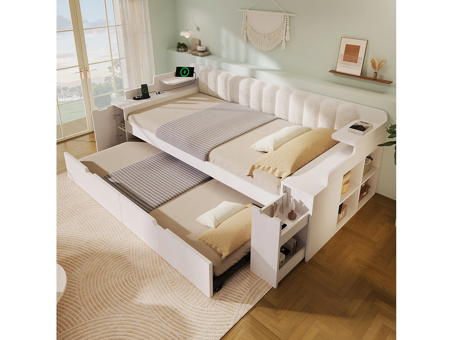 Canapé-lit 90x200cm - avec lit gigogne - avec USB/Type-C - compartiment de rangement - dossier polaire sherpa - blanc (matelas non inclus)