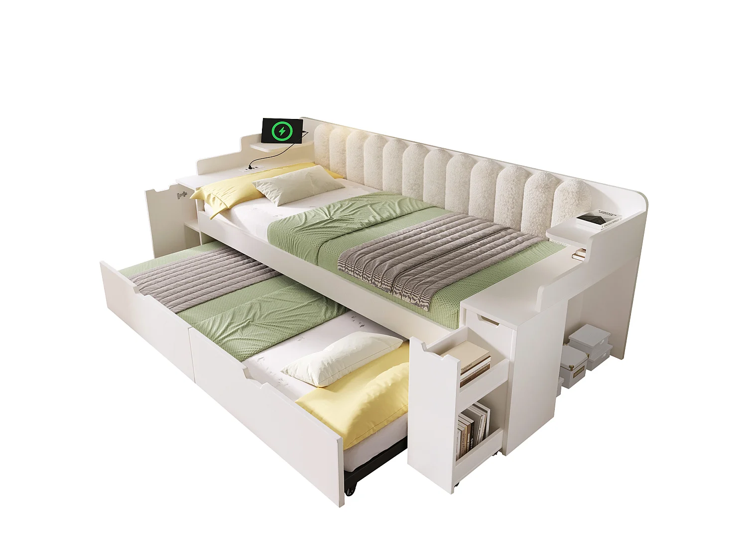 Canapé-lit 90x200cm - avec lit gigogne - avec USB/Type-C - compartiment de rangement - dossier polaire sherpa - blanc (matelas non inclus)