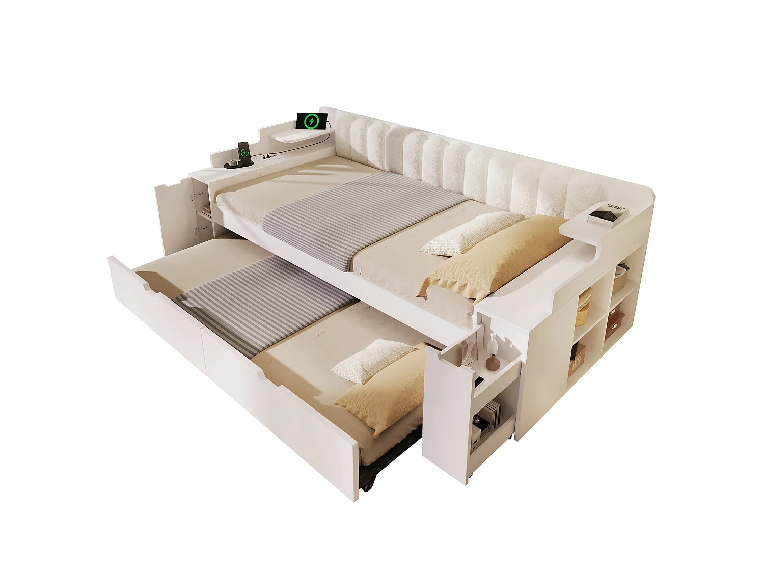 Canapé-lit 90x200cm - avec lit gigogne - avec USB/Type-C - compartiment de rangement - dossier polaire sherpa - blanc (matelas non inclus)
