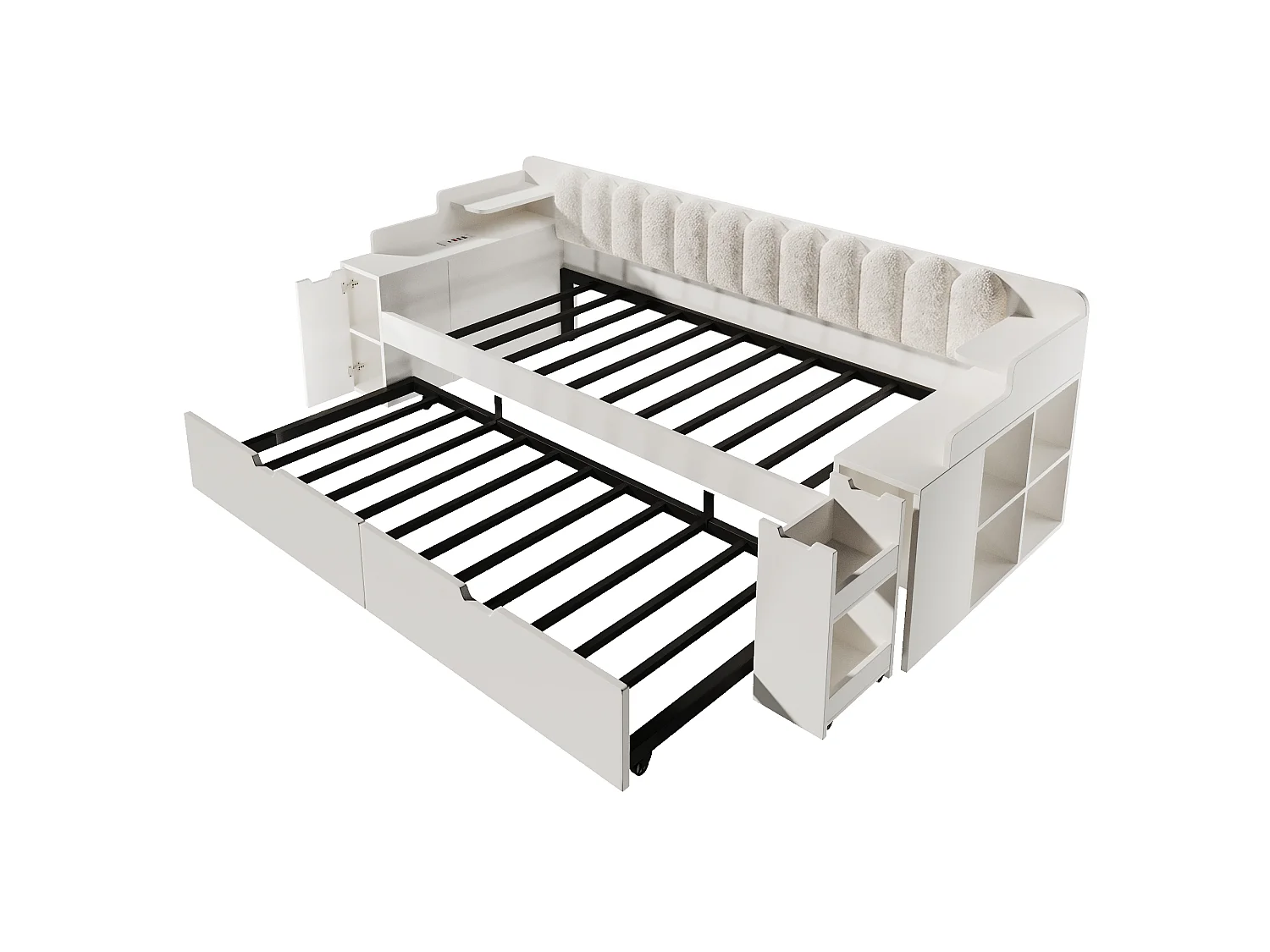 Canapé-lit 90x200cm - avec lit gigogne - avec USB/Type-C - compartiment de rangement - dossier polaire sherpa - blanc (matelas non inclus)
