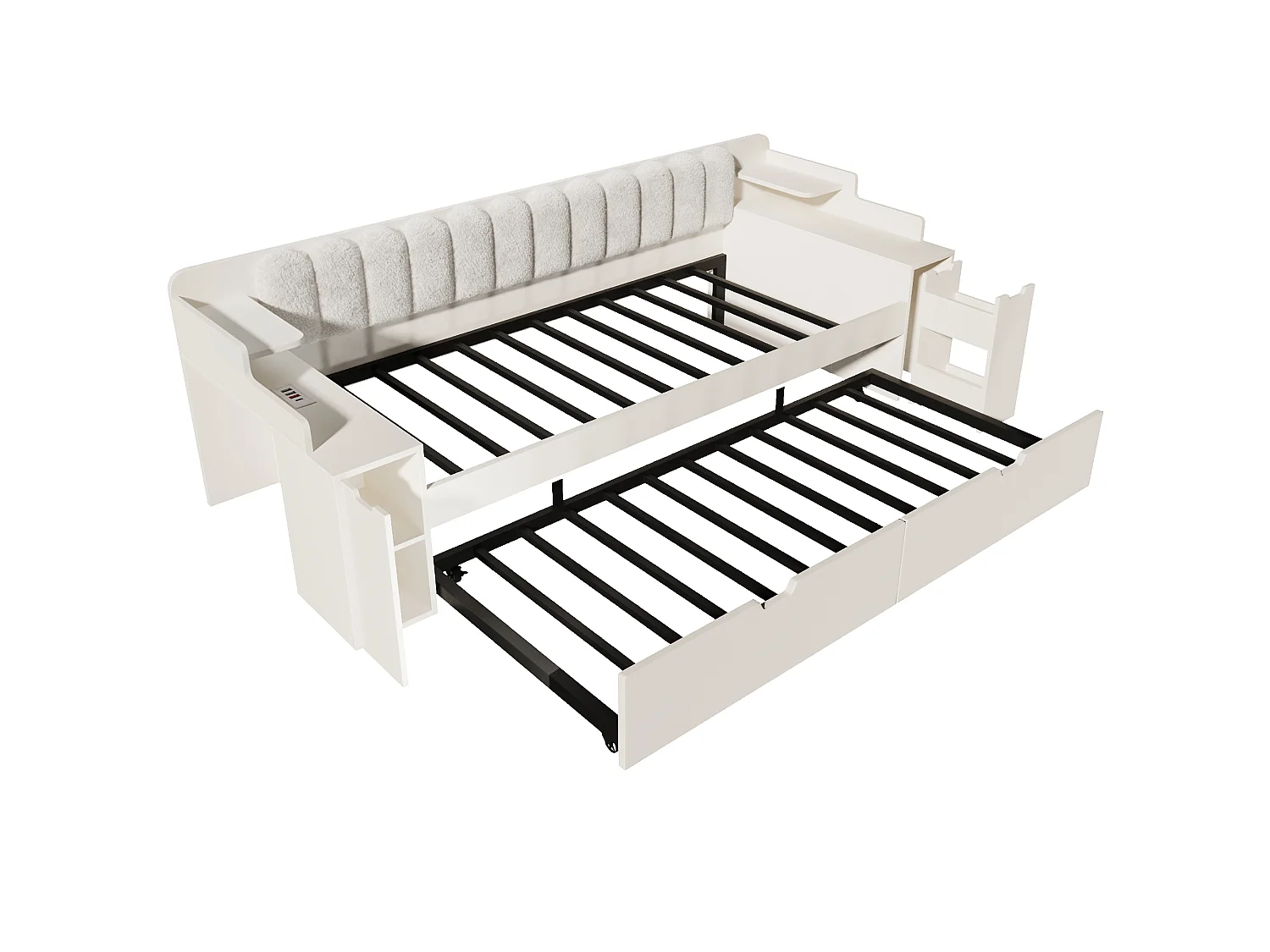 Canapé-lit 90x200cm - avec lit gigogne - avec USB/Type-C - compartiment de rangement - dossier polaire sherpa - blanc (matelas non inclus)