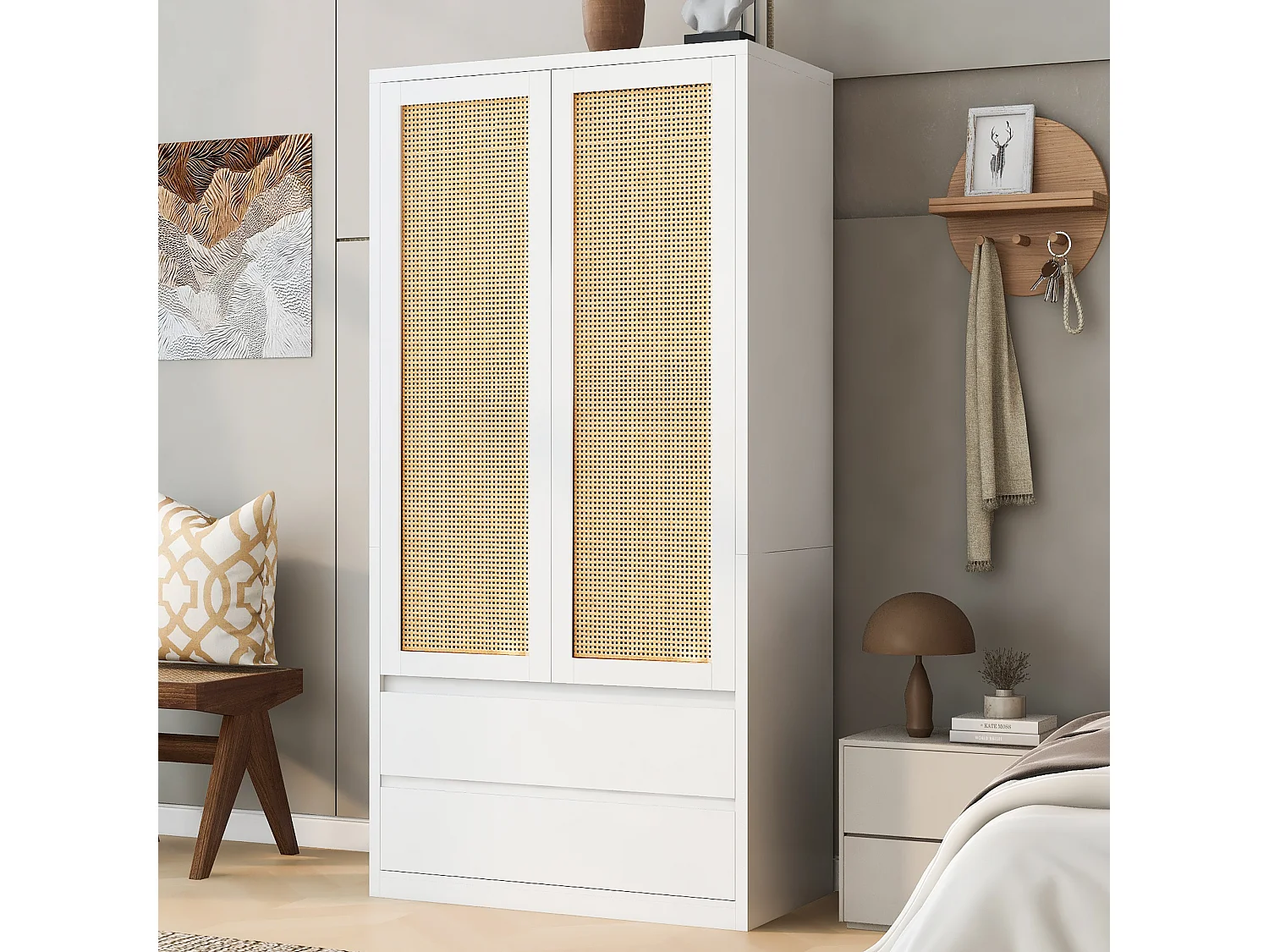 Schrank mit zwei Türen 90 × 50 × 170 cm – mit 2 Schubladen – Türen aus Rattan – weiß