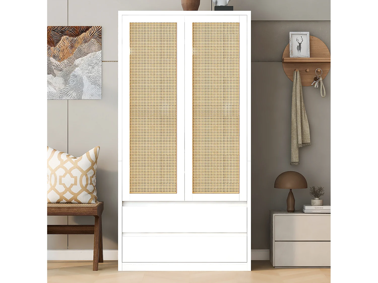 Schrank mit zwei Türen 90 × 50 × 170 cm – mit 2 Schubladen – Türen aus Rattan – weiß