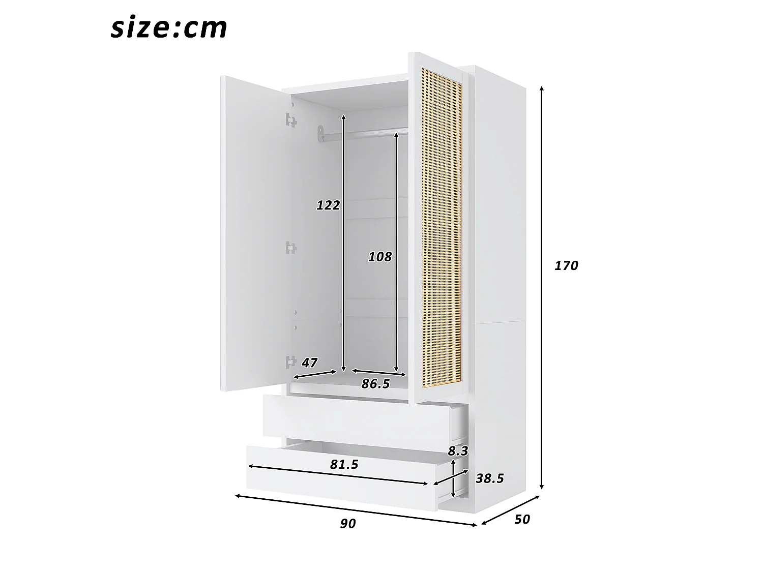 Schrank mit zwei Türen 90 × 50 × 170 cm – mit 2 Schubladen – Türen aus Rattan – weiß