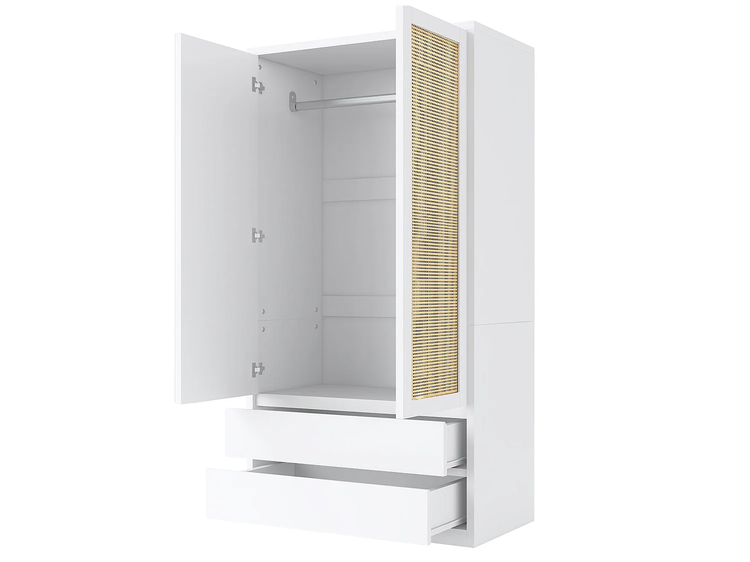 Schrank mit zwei Türen 90 × 50 × 170 cm – mit 2 Schubladen – Türen aus Rattan – weiß