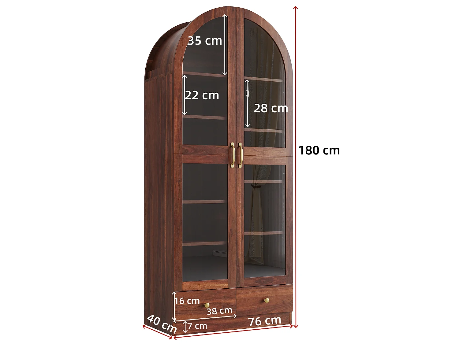 Vitrine, bibliothèque multifonction - Design à sommet cintré - 2 portes vitrées et 2 tiroirs - Poignées en métal - MDF - Marron
