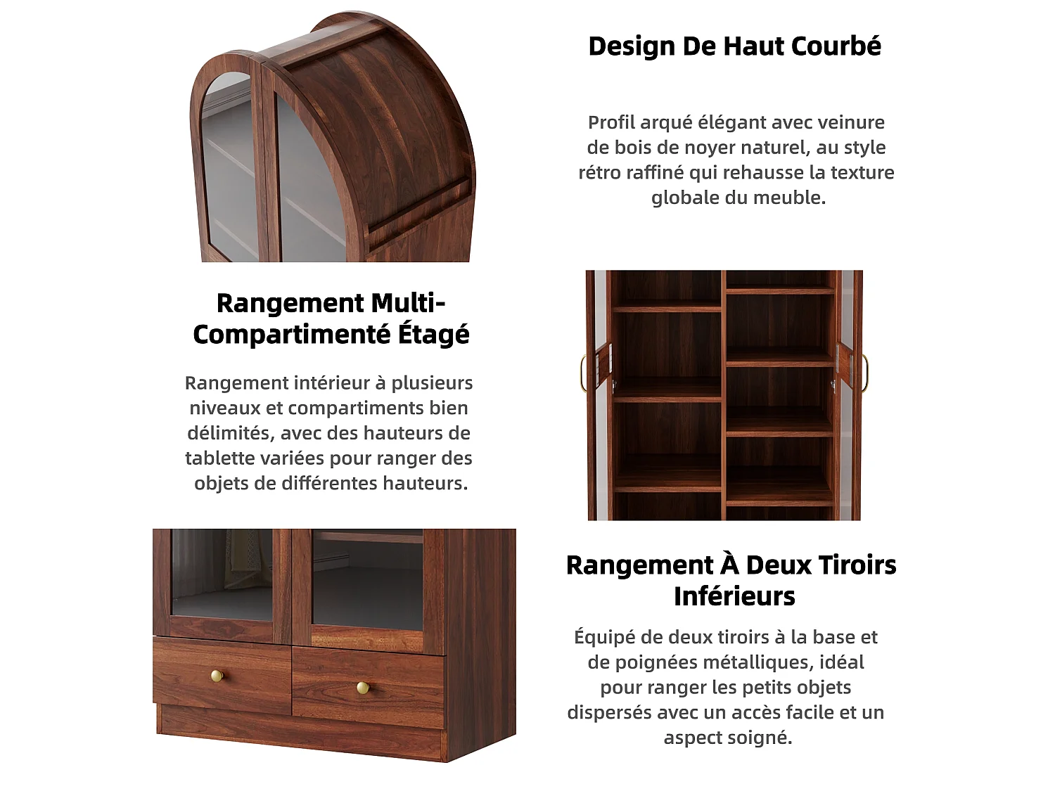 Vitrine, bibliothèque multifonction - Design à sommet cintré - 2 portes vitrées et 2 tiroirs - Poignées en métal - MDF - Marron