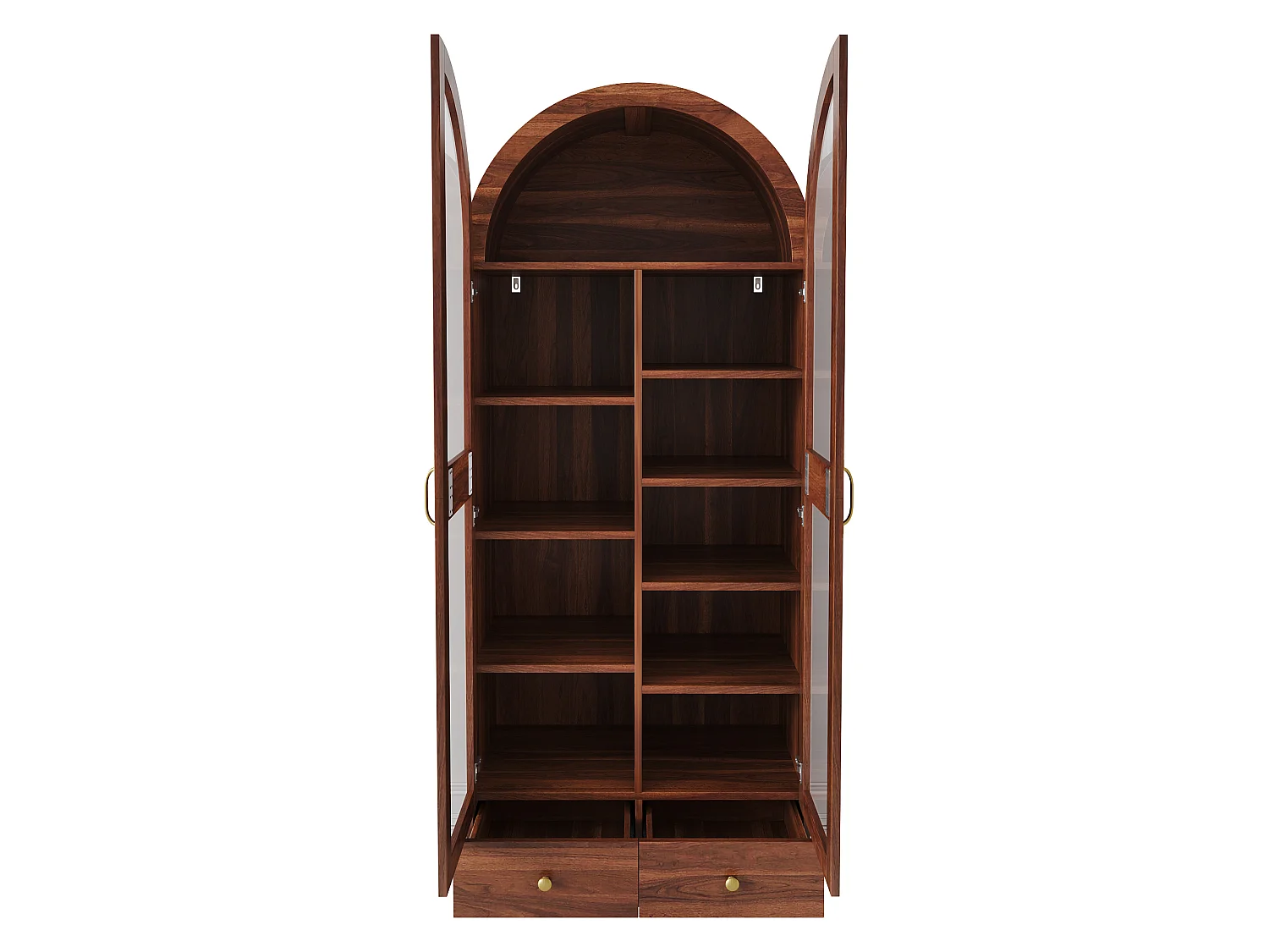 Vitrine, bibliothèque multifonction - Design à sommet cintré - 2 portes vitrées et 2 tiroirs - Poignées en métal - MDF - Marron