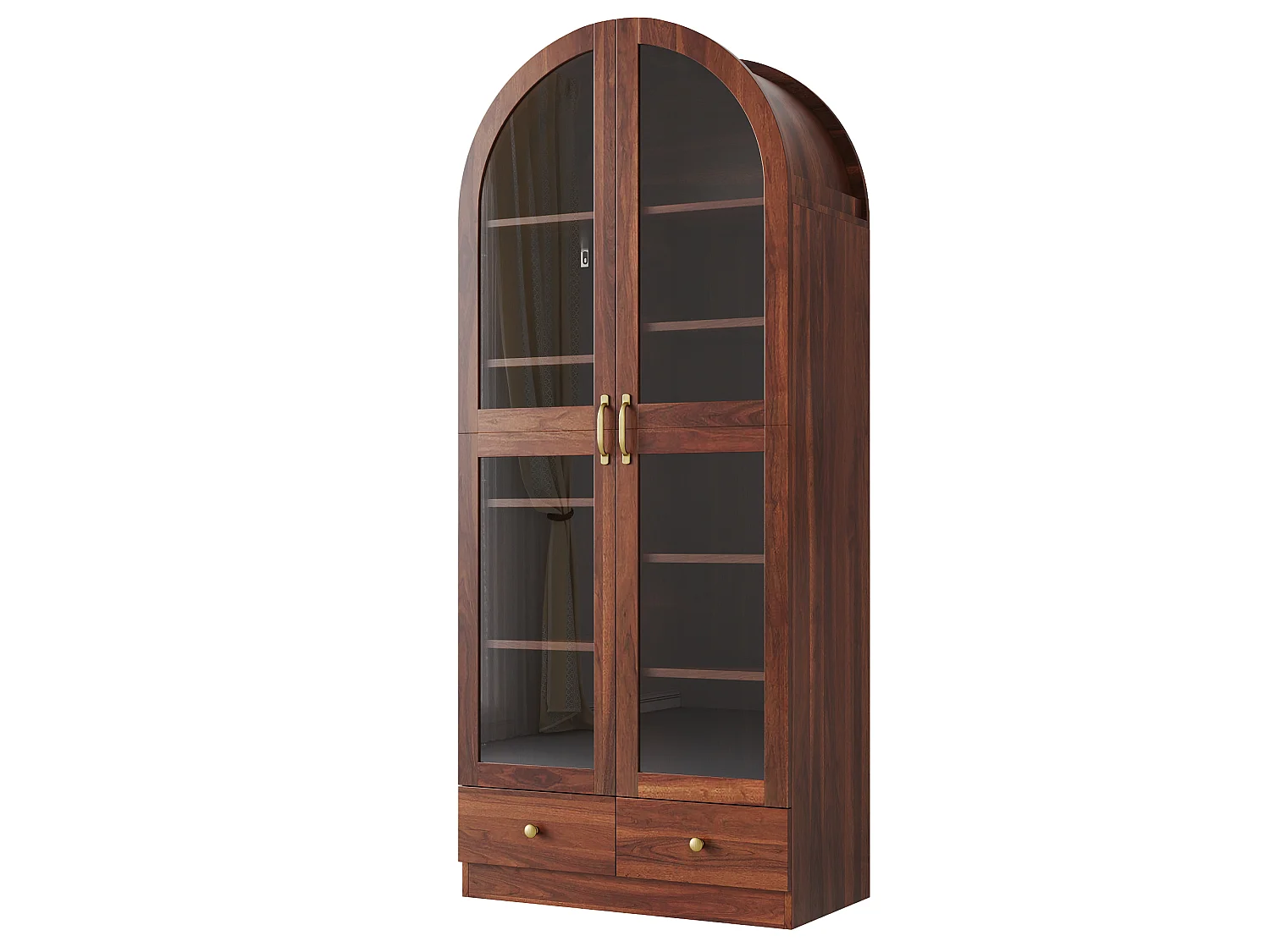 Vitrine, bibliothèque multifonction - Design à sommet cintré - 2 portes vitrées et 2 tiroirs - Poignées en métal - MDF - Marron