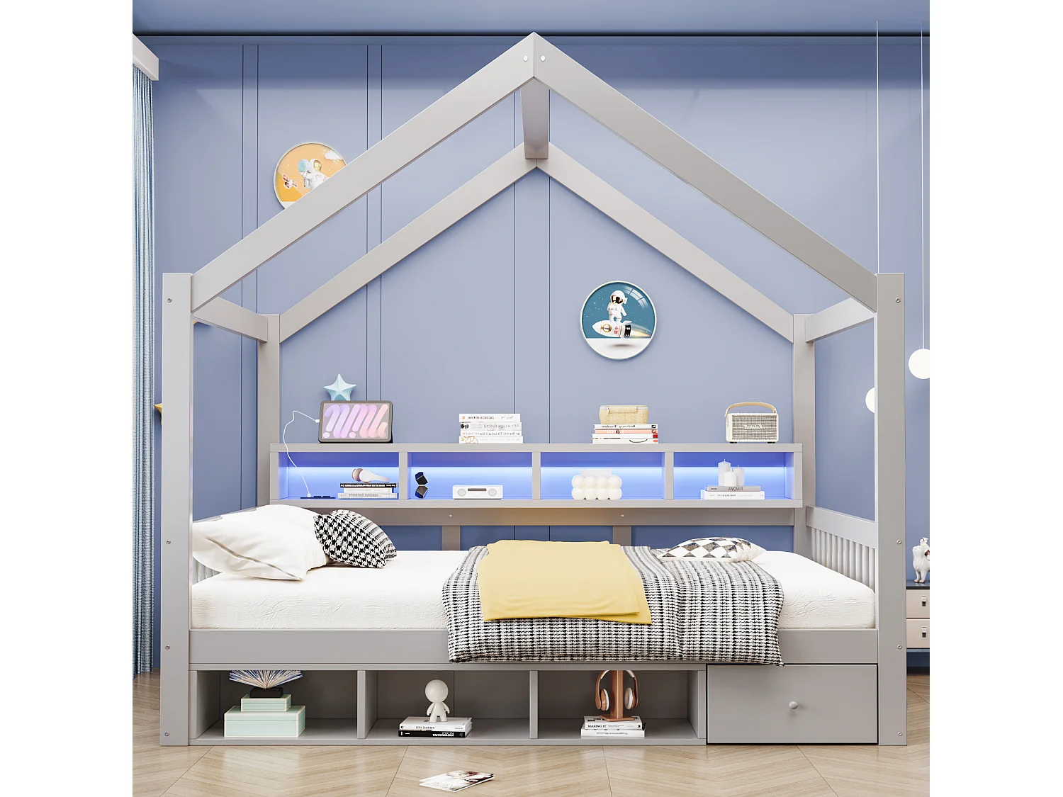 Lit cabine pour enfant 140 × 200 cm – avec espaces de rangement – ​​avec 1 tiroir – avec éclairage LED – avec prise électrique – gris (matelas non inclus)