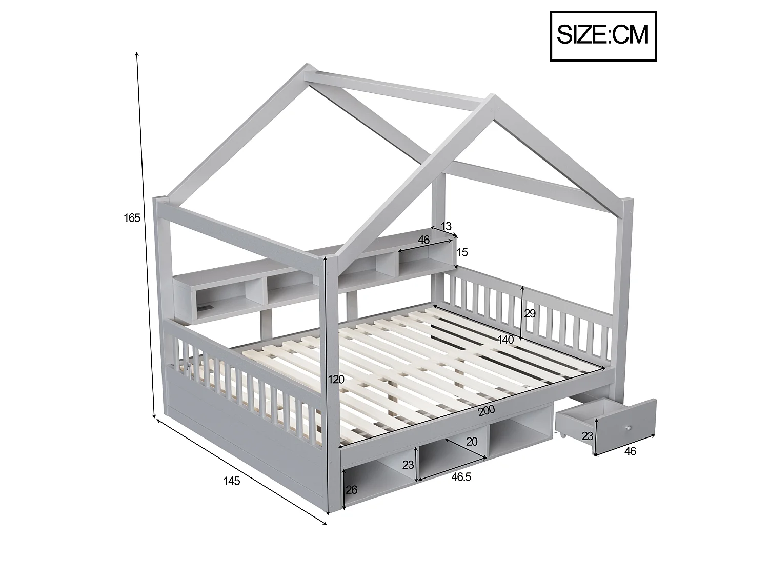 Lit cabine pour enfant 140 × 200 cm – avec espaces de rangement – ​​avec 1 tiroir – avec éclairage LED – avec prise électrique – gris (matelas non inclus)