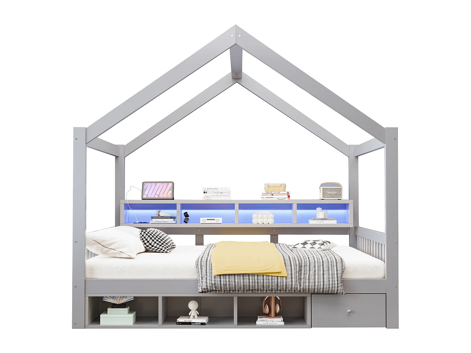Lit cabine pour enfant 140 × 200 cm – avec espaces de rangement – ​​avec 1 tiroir – avec éclairage LED – avec prise électrique – gris (matelas non inclus)