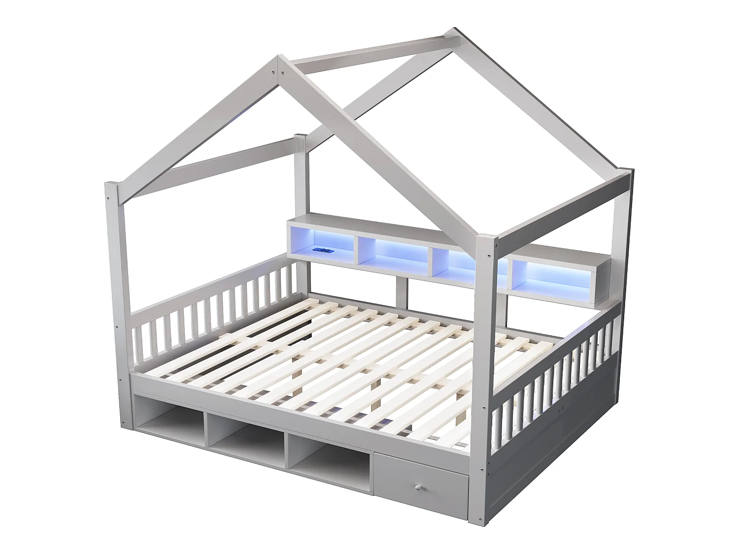 Lit cabine pour enfant 140 × 200 cm – avec espaces de rangement – ​​avec 1 tiroir – avec éclairage LED – avec prise électrique – gris (matelas non inclus)