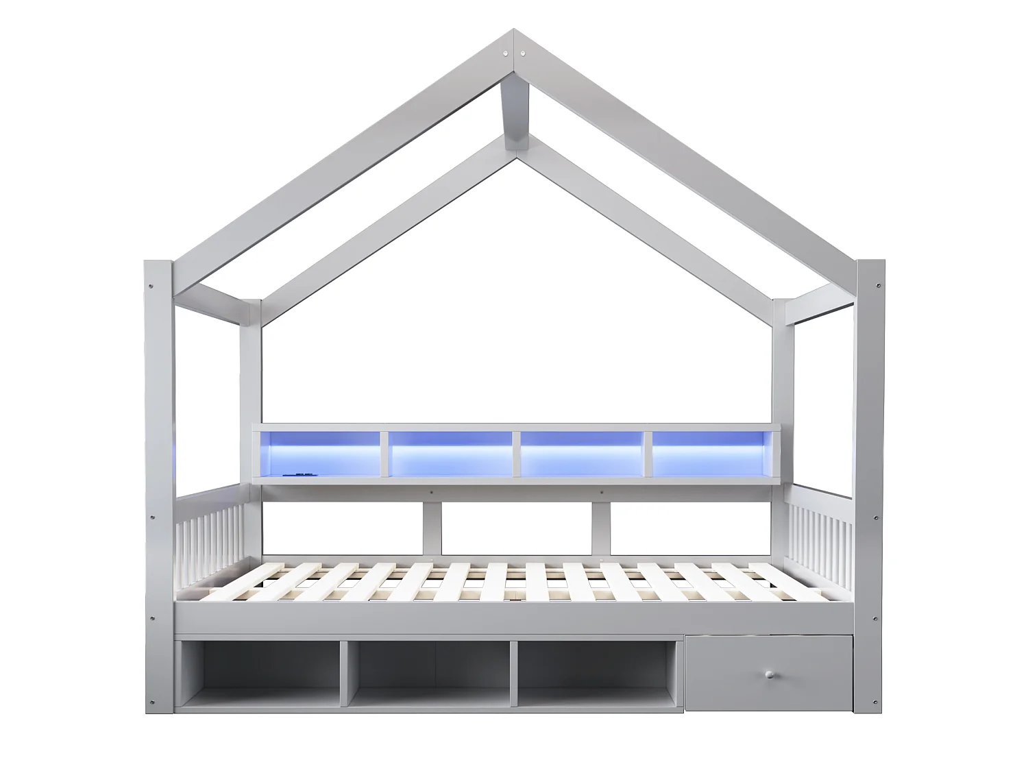 Lit cabine pour enfant 140 × 200 cm – avec espaces de rangement – ​​avec 1 tiroir – avec éclairage LED – avec prise électrique – gris (matelas non inclus)
