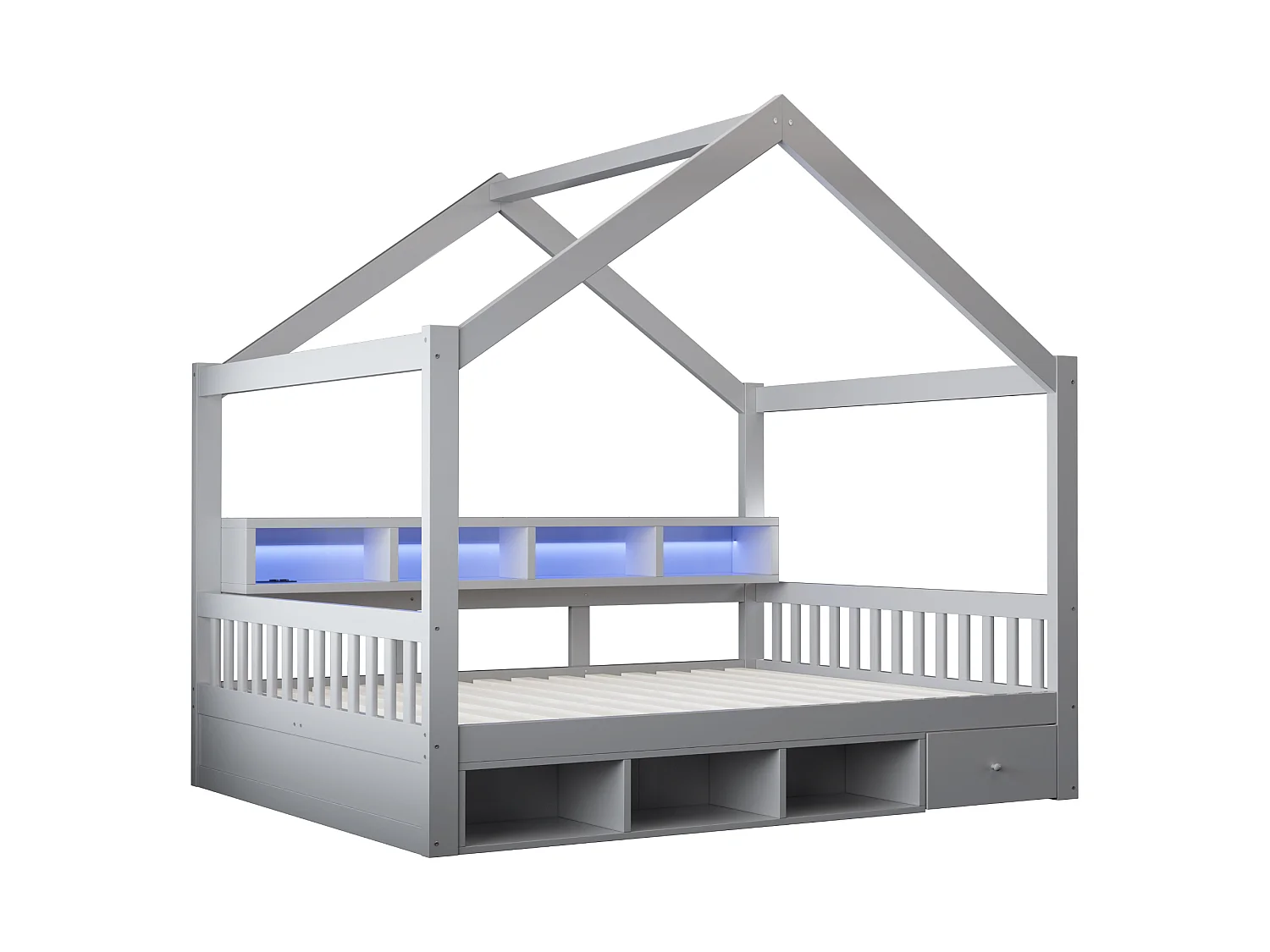Lit cabine pour enfant 140 × 200 cm – avec espaces de rangement – ​​avec 1 tiroir – avec éclairage LED – avec prise électrique – gris (matelas non inclus)