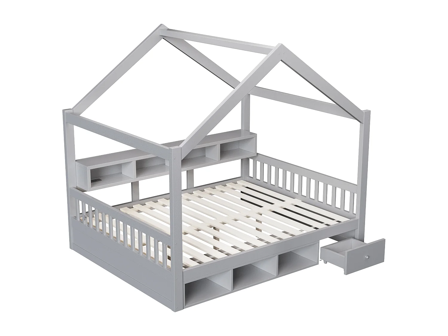 Lit cabine pour enfant 140 × 200 cm – avec espaces de rangement – ​​avec 1 tiroir – avec éclairage LED – avec prise électrique – gris (matelas non inclus)