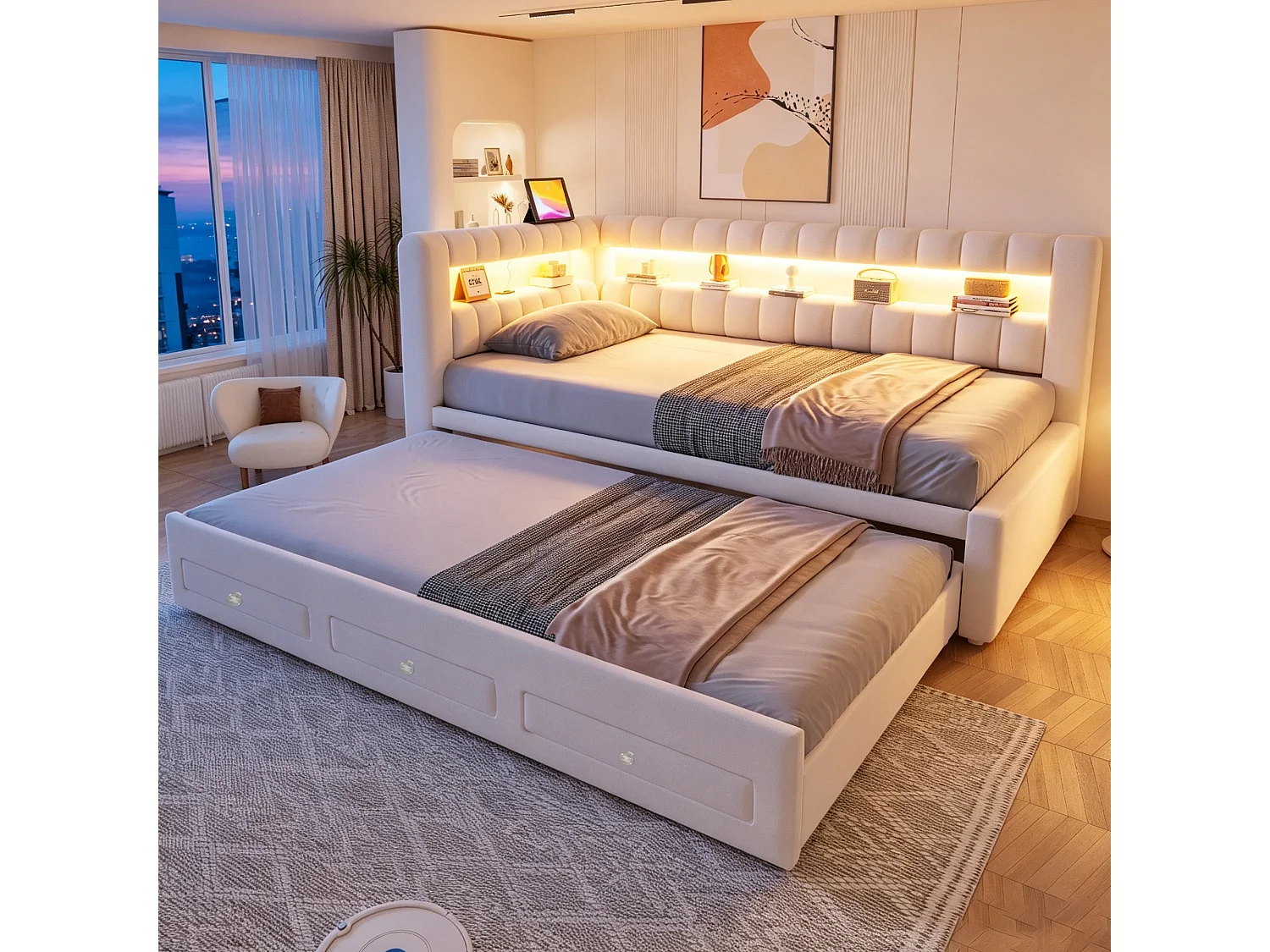 Sofa bed 90 x 190 cm – with pull-out bed – with 3 drawers – with LED lighting – with USB charging port – Beige (mattress not included)