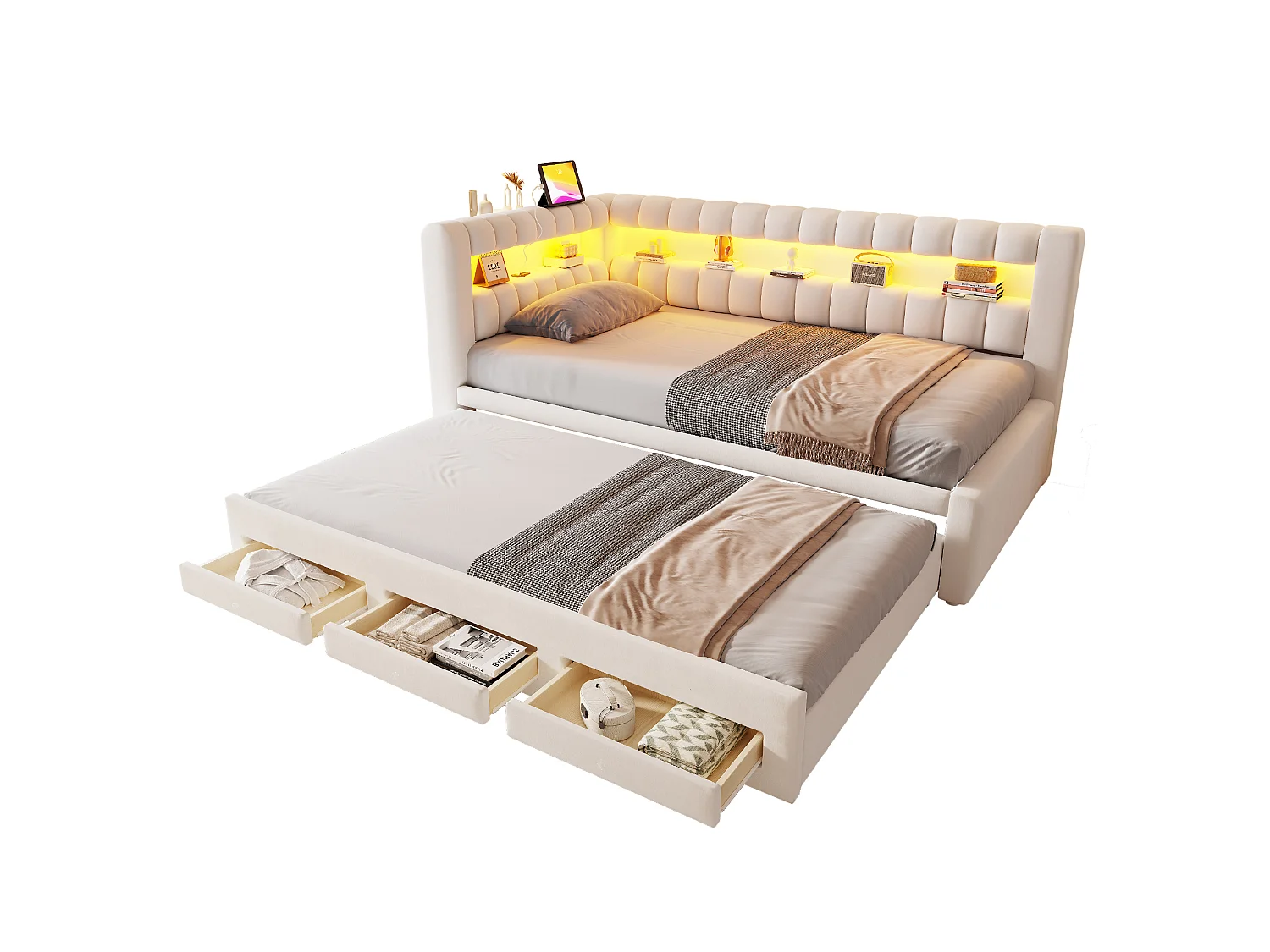 Sofa bed 90 x 190 cm – with pull-out bed – with 3 drawers – with LED lighting – with USB charging port – Beige (mattress not included)