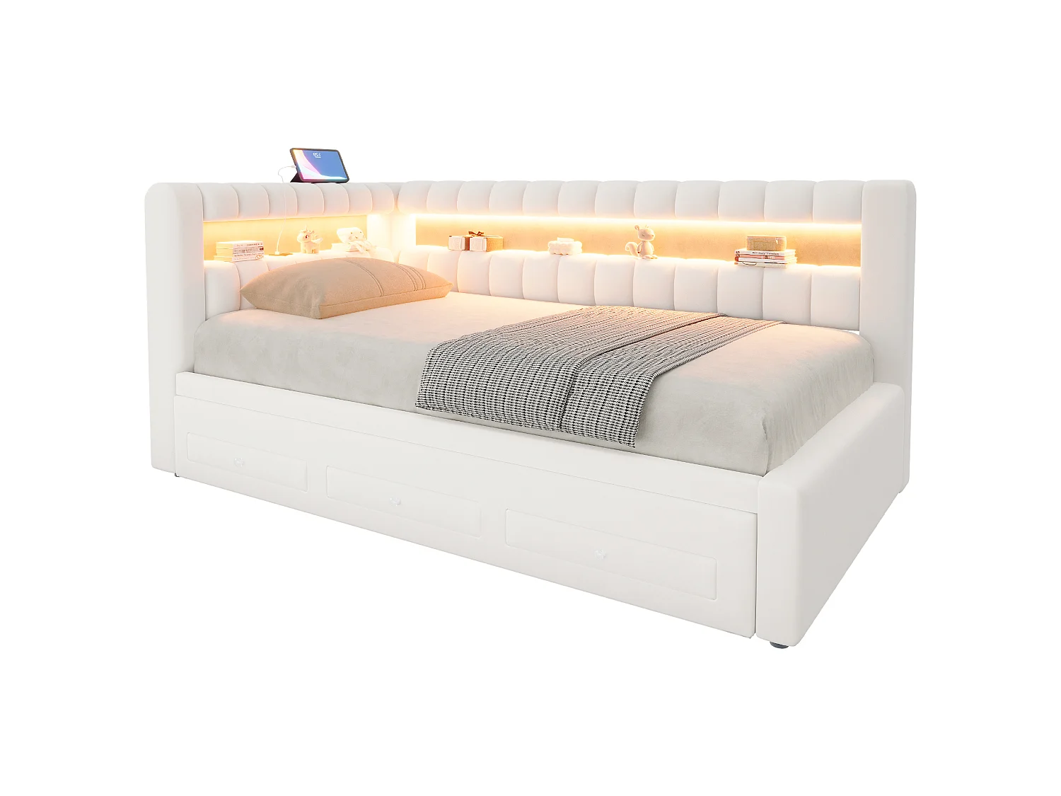 Sofa bed 90 x 190 cm – with pull-out bed – with 3 drawers – with LED lighting – with USB charging port – Beige (mattress not included)