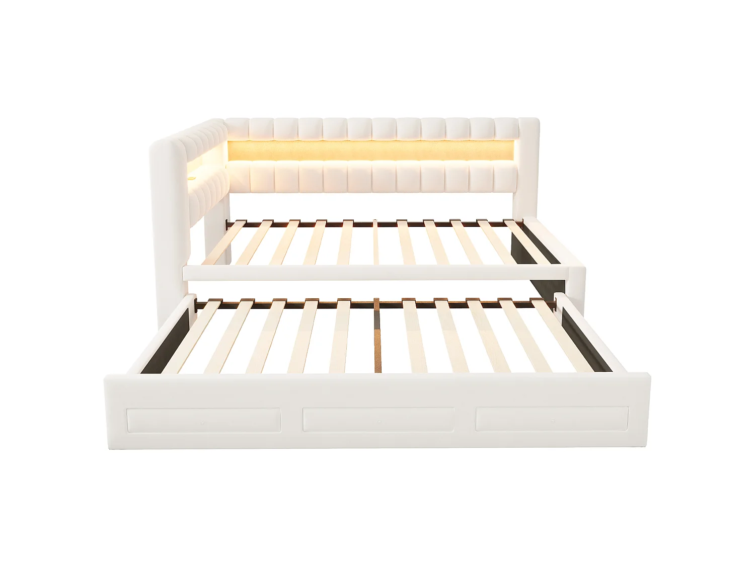Sofa bed 90 x 190 cm – with pull-out bed – with 3 drawers – with LED lighting – with USB charging port – Beige (mattress not included)