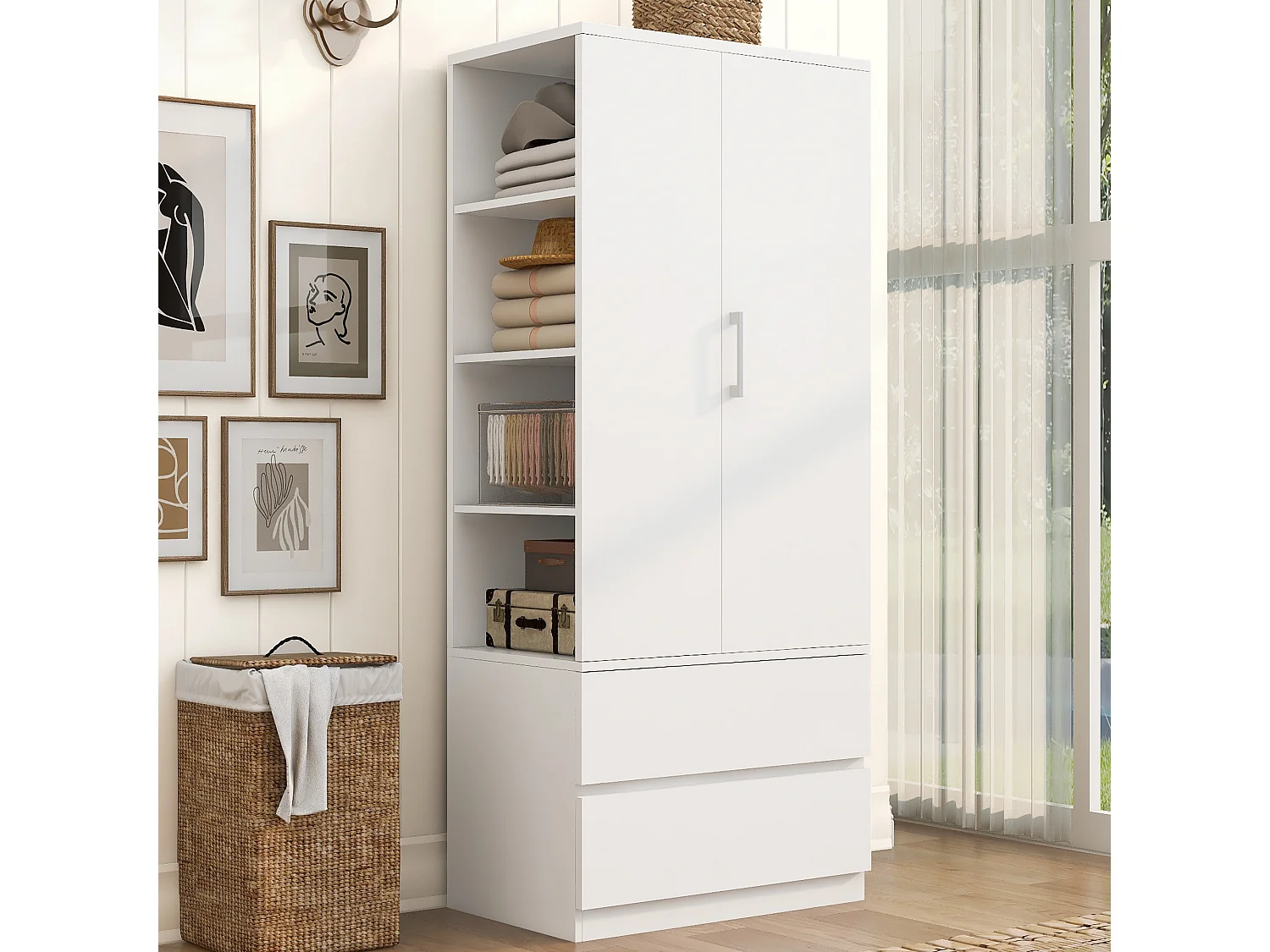 Wardrobe 70 × 50 × 175 cm – with 2 drawers – with open shelves – one-door wardrobe – white
