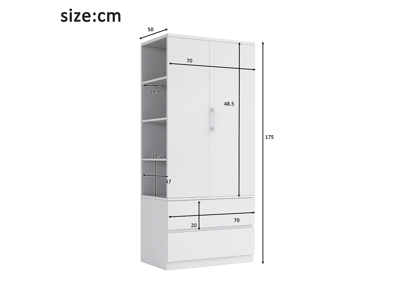 Wardrobe 70 × 50 × 175 cm – with 2 drawers – with open shelves – one-door wardrobe – white