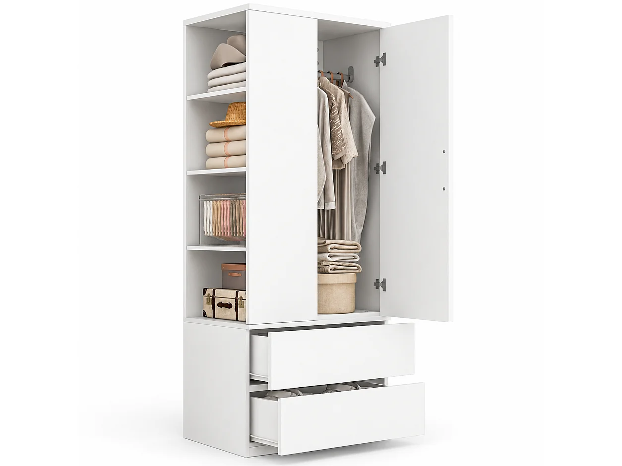 Wardrobe 70 × 50 × 175 cm – with 2 drawers – with open shelves – one-door wardrobe – white