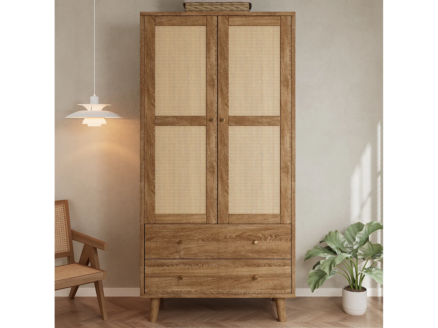 Rattan wardrobe 80 x 50 x 180cm - with 2 drawers and 2 doors - with storage shelf and clothes rail - Natural
