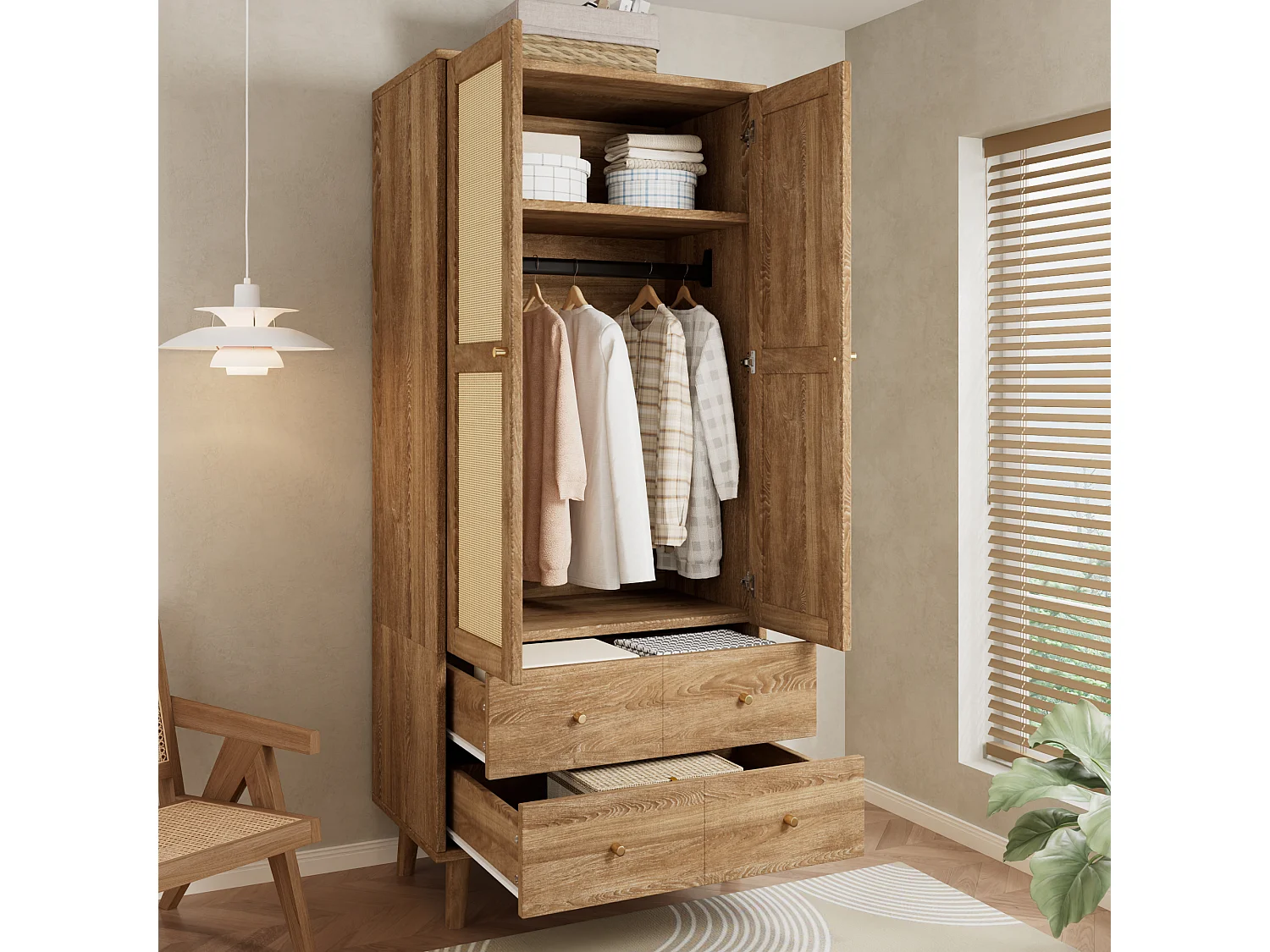 Rattan wardrobe 80 x 50 x 180cm - with 2 drawers and 2 doors - with storage shelf and clothes rail - Natural