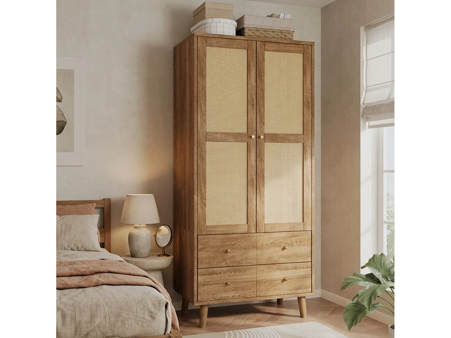 Rattan wardrobe 80 x 50 x 180cm - with 2 drawers and 2 doors - with storage shelf and clothes rail - Natural