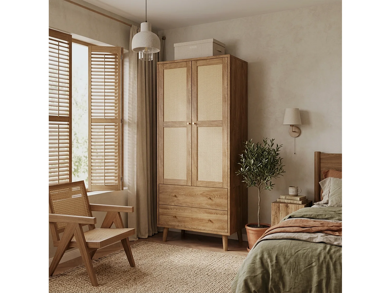 Rattan wardrobe 80 x 50 x 180cm - with 2 drawers and 2 doors - with storage shelf and clothes rail - Natural