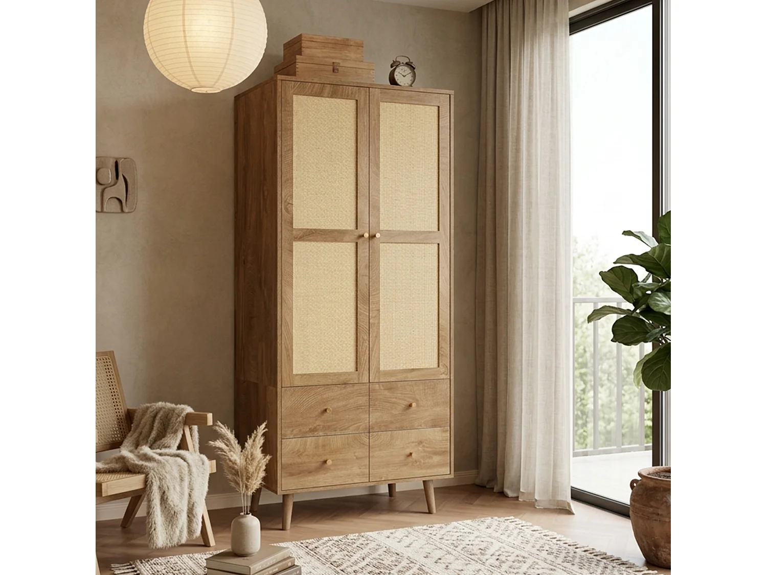 Rattan wardrobe 80 x 50 x 180cm - with 2 drawers and 2 doors - with storage shelf and clothes rail - Natural
