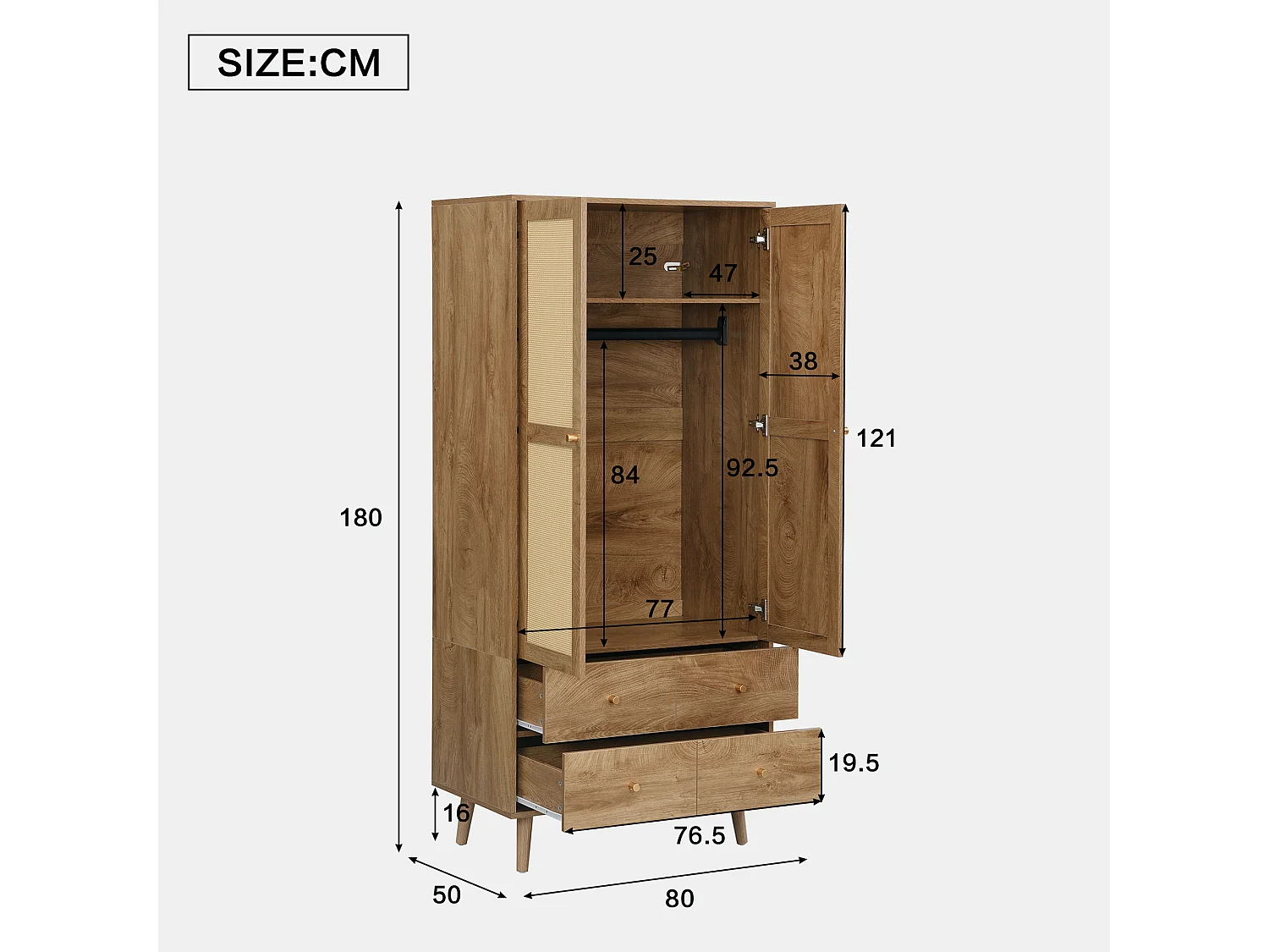 Rattan wardrobe 80 x 50 x 180cm - with 2 drawers and 2 doors - with storage shelf and clothes rail - Natural