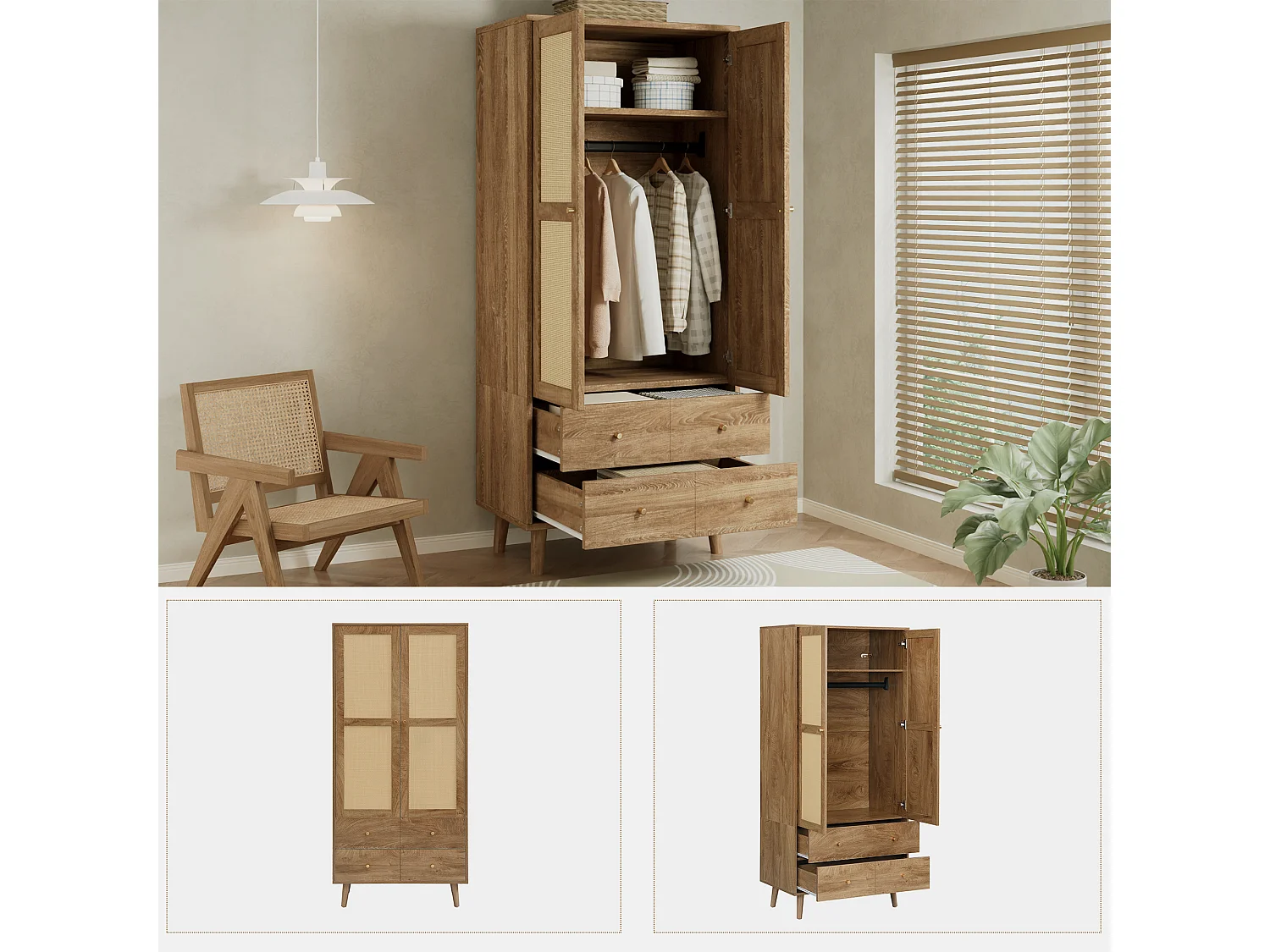Rattan wardrobe 80 x 50 x 180cm - with 2 drawers and 2 doors - with storage shelf and clothes rail - Natural