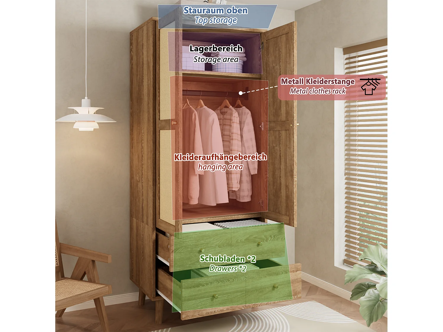 Rattan wardrobe 80 x 50 x 180cm - with 2 drawers and 2 doors - with storage shelf and clothes rail - Natural