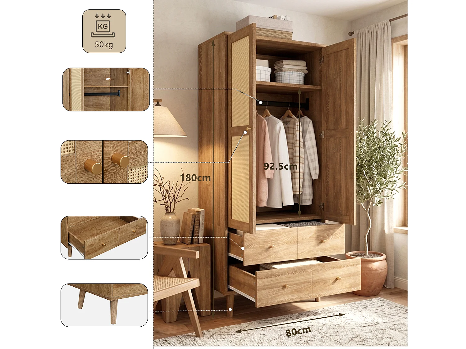 Rattan wardrobe 80 x 50 x 180cm - with 2 drawers and 2 doors - with storage shelf and clothes rail - Natural