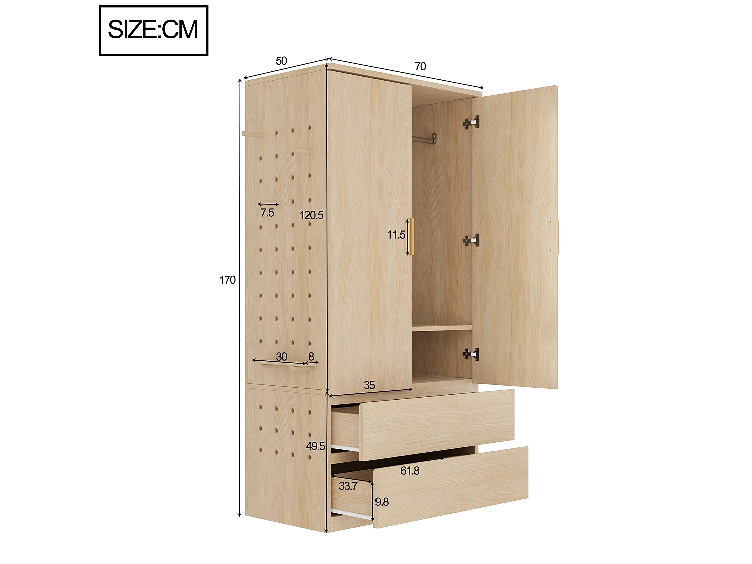 Wardrobe 70 x 50 x 170 cm - with 2 drawers - with 2 doors - natural